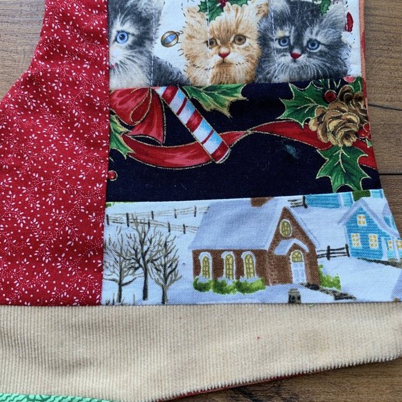 Christmas Stocking Kittens  Quilted Patchwork Fabric Cat NEW 13” Handmade - Picture 2 of 5